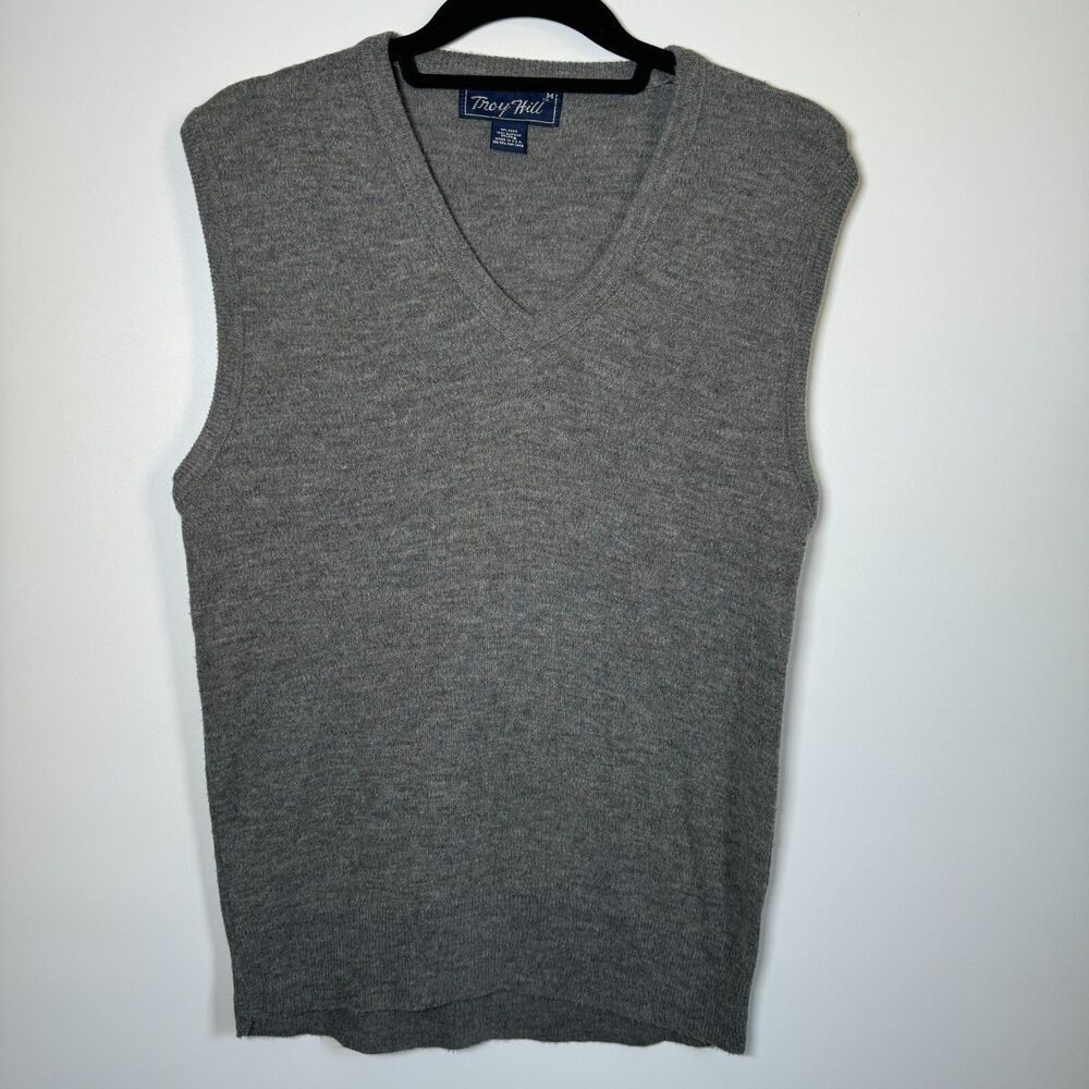 Vintage Troy Hill Sweater Vest Men Medium Gray Knit Orlon Made in USA 80s Preppy